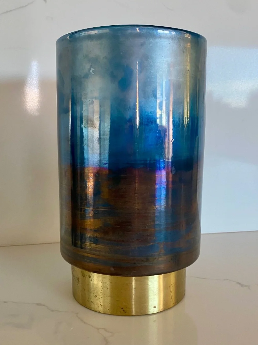 Anthropologie gold + navy vase / candle holder